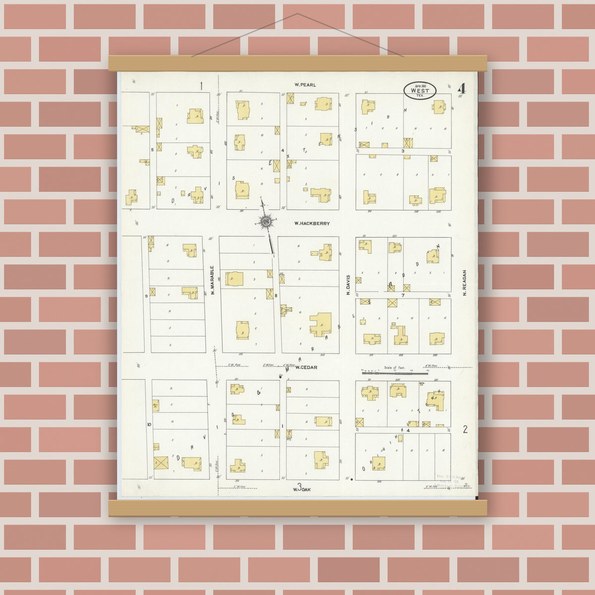 Old map wall art mockup — magnetic wood frame on brick wall — Sanborn Fire Insurance Map from West, McLennan County, Texas (1911), Sheet #0004