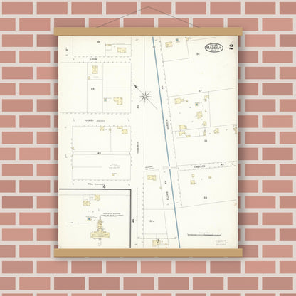Old map wall art mockup — magnetic wood frame on brick wall — Sanborn Fire Insurance Map from Madera, Madera County, California (1898), Sheet #0002