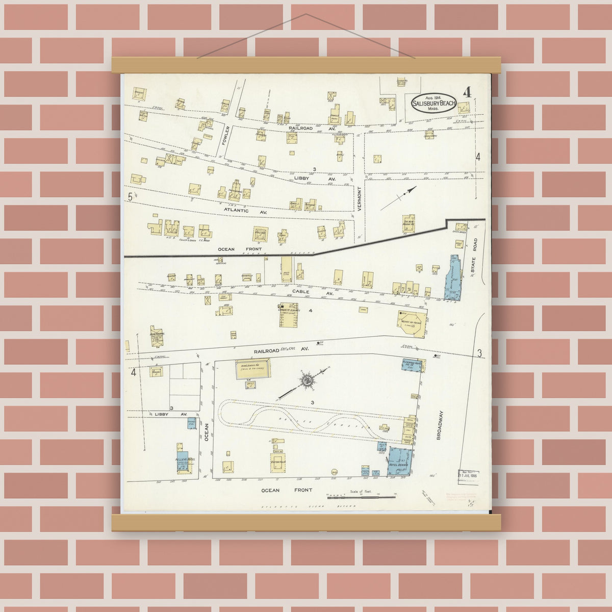 Old map wall art mockup — magnetic wood frame on brick wall — Sanborn Fire Insurance Map from Salisbury, Essex County, Massachusetts (1914), Sheet #0004