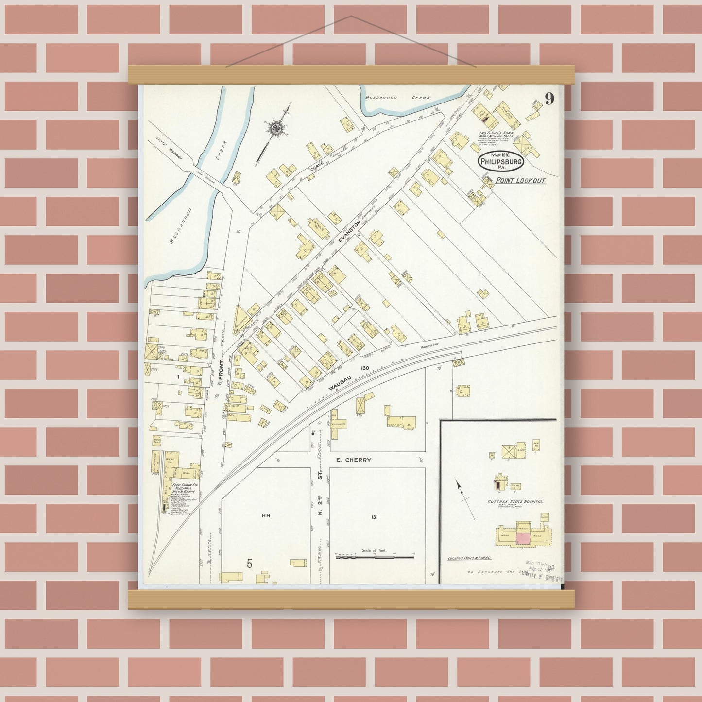 Old map wall art mockup — magnetic wood frame on brick wall — Sanborn Fire Insurance Map from Philipsburg, Centre County, Pennsylvania (1910), Sheet #0009