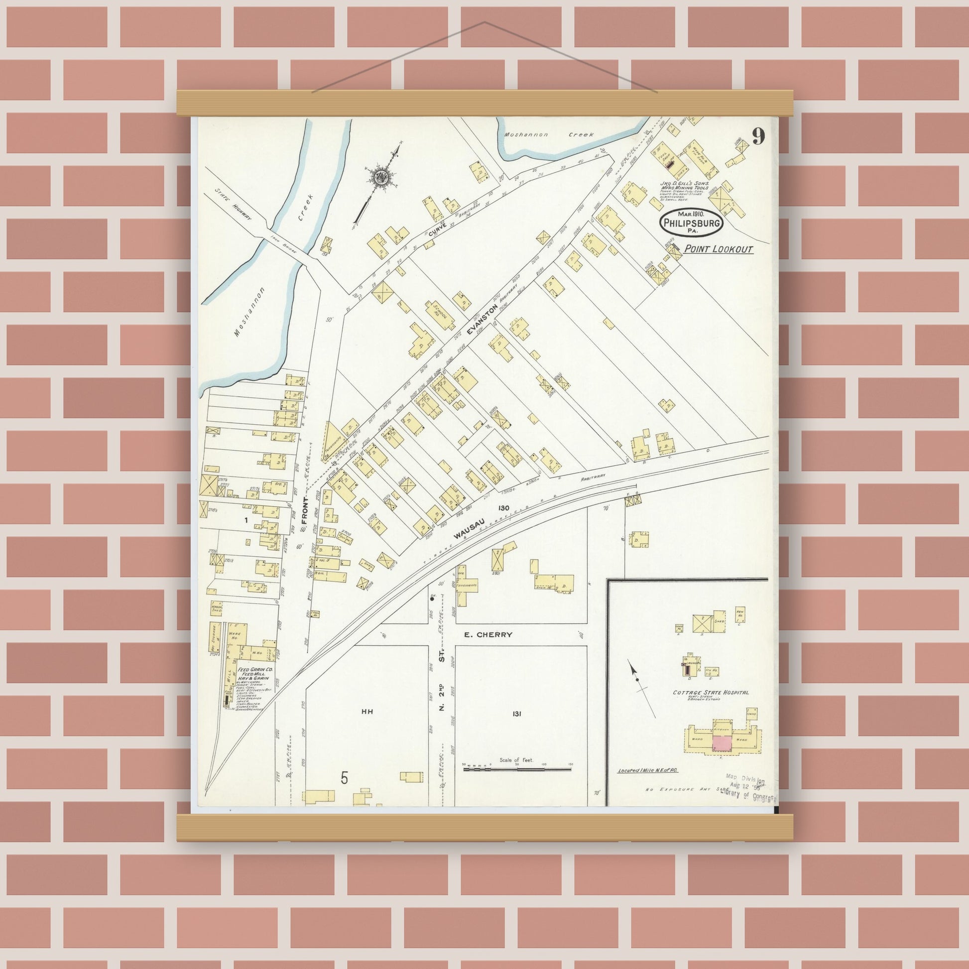 Old map wall art mockup — magnetic wood frame on brick wall — Sanborn Fire Insurance Map from Philipsburg, Centre County, Pennsylvania (1910), Sheet #0009