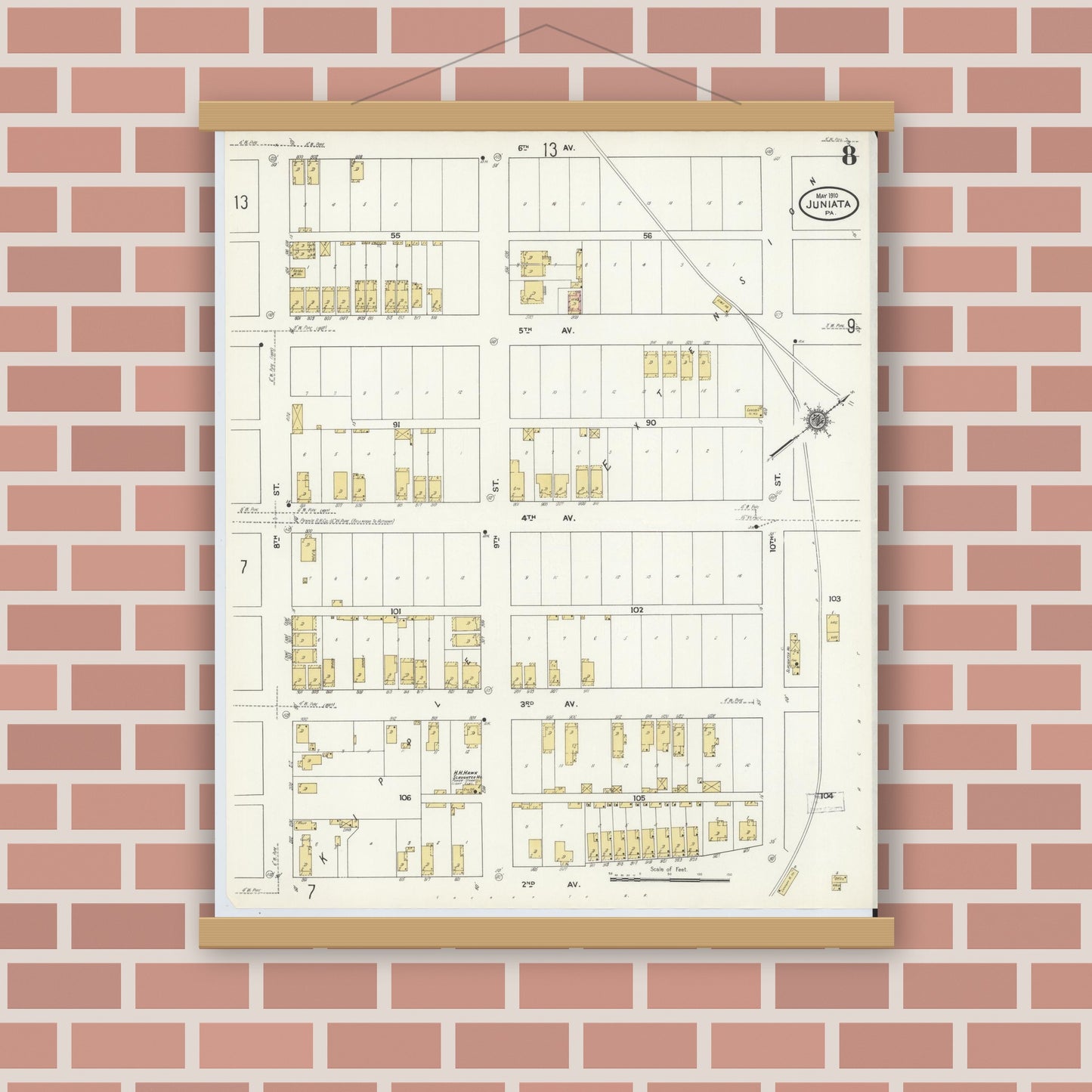 Old map wall art mockup — magnetic wood frame on brick wall — Sanborn Fire Insurance Map from Juniata, Blair County, Pennsylvania (1910), Sheet #0008