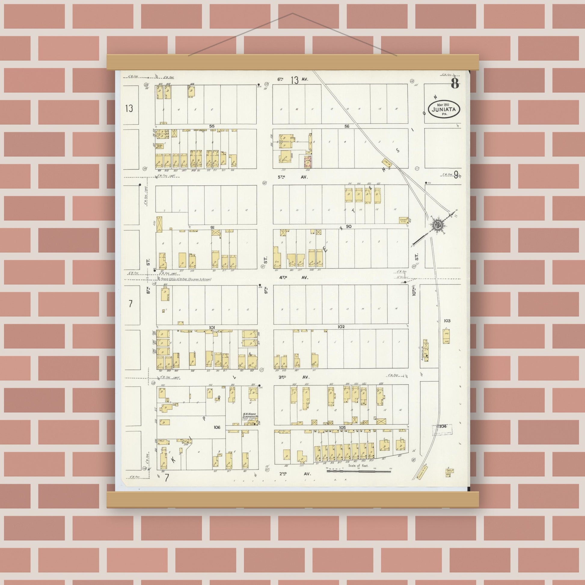 Old map wall art mockup — magnetic wood frame on brick wall — Sanborn Fire Insurance Map from Juniata, Blair County, Pennsylvania (1910), Sheet #0008