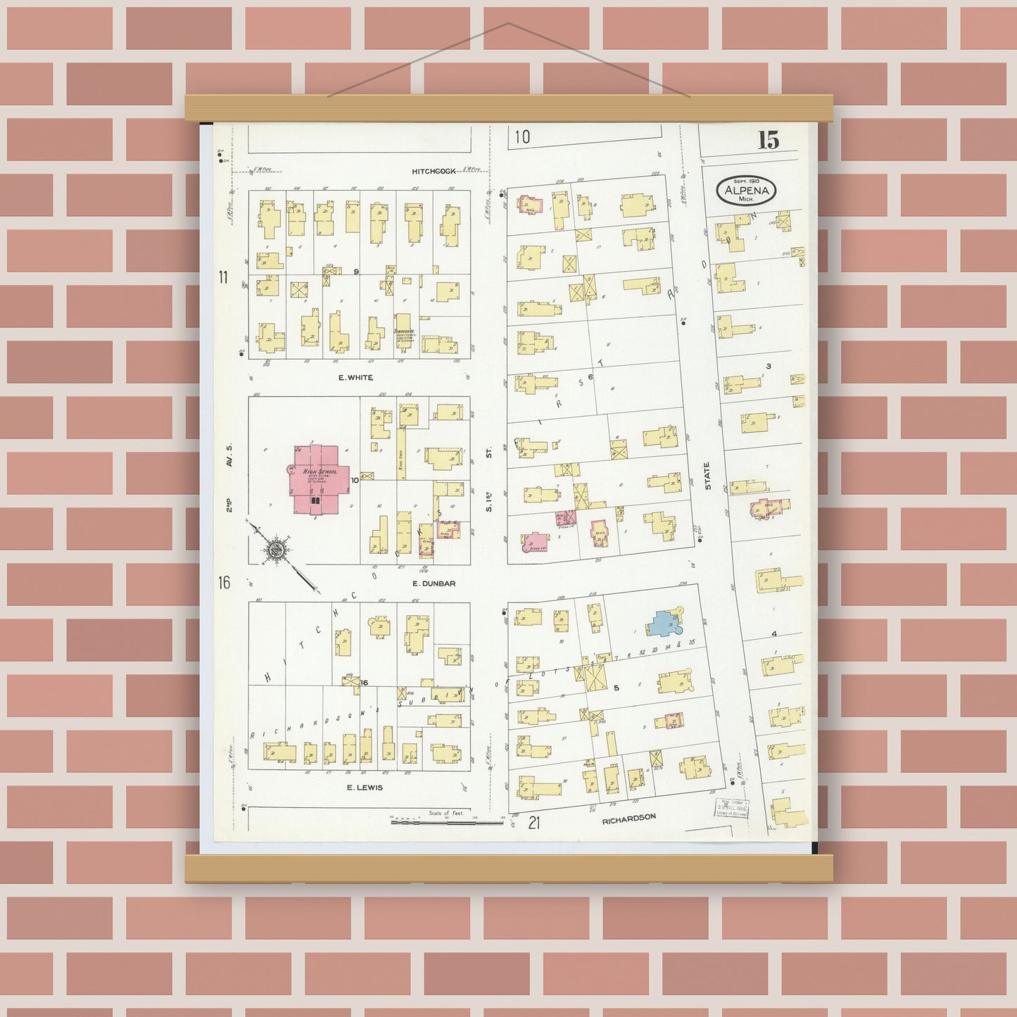 Old map wall art mockup — magnetic wood frame on brick wall — Sanborn Fire Insurance Map from Alpena, Alpena County, Michigan (1910), Sheet #0015