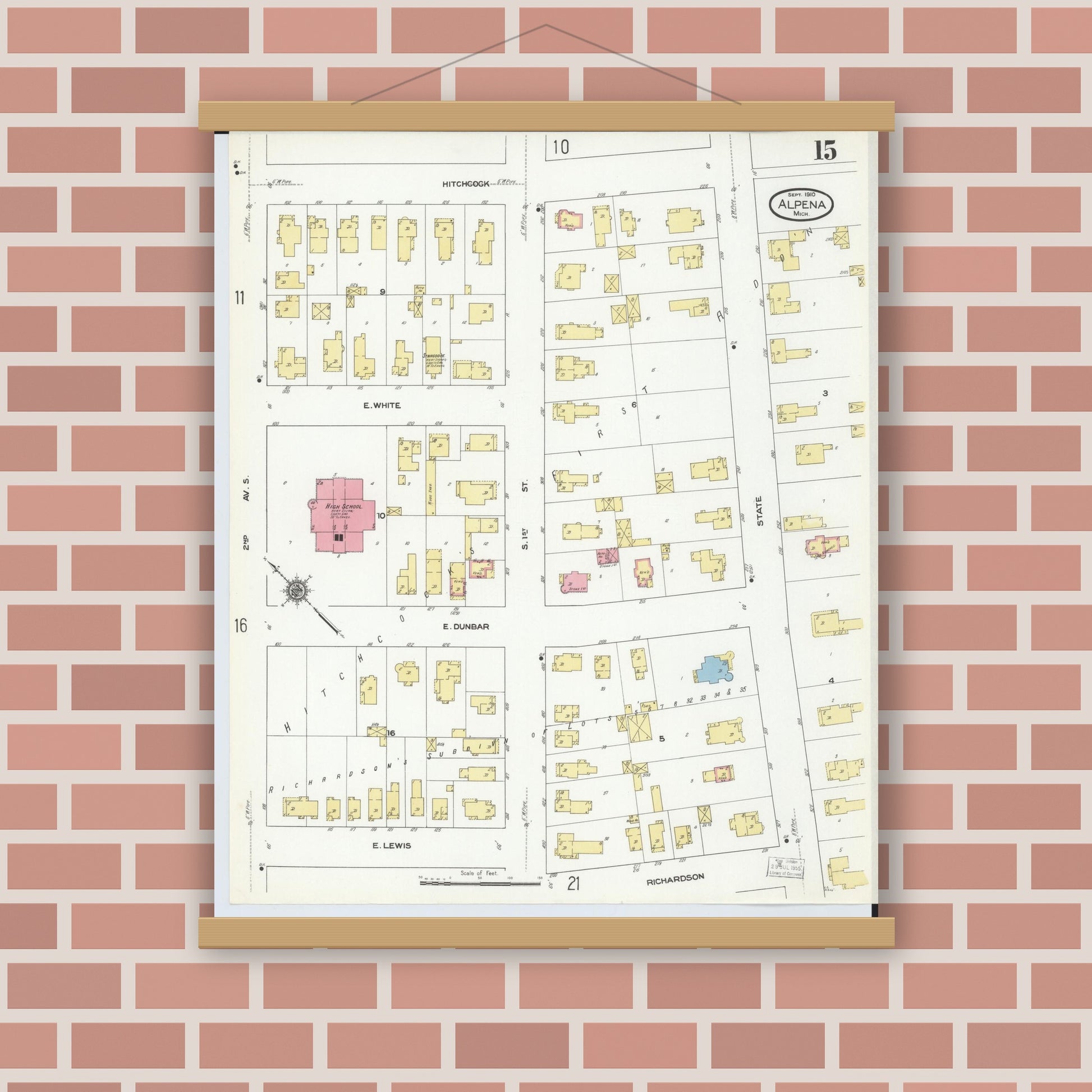 Old map wall art mockup — magnetic wood frame on brick wall — Sanborn Fire Insurance Map from Alpena, Alpena County, Michigan (1910), Sheet #0015