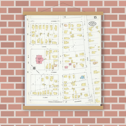 Old map wall art mockup — magnetic wood frame on brick wall — Sanborn Fire Insurance Map from Alpena, Alpena County, Michigan (1910), Sheet #0015