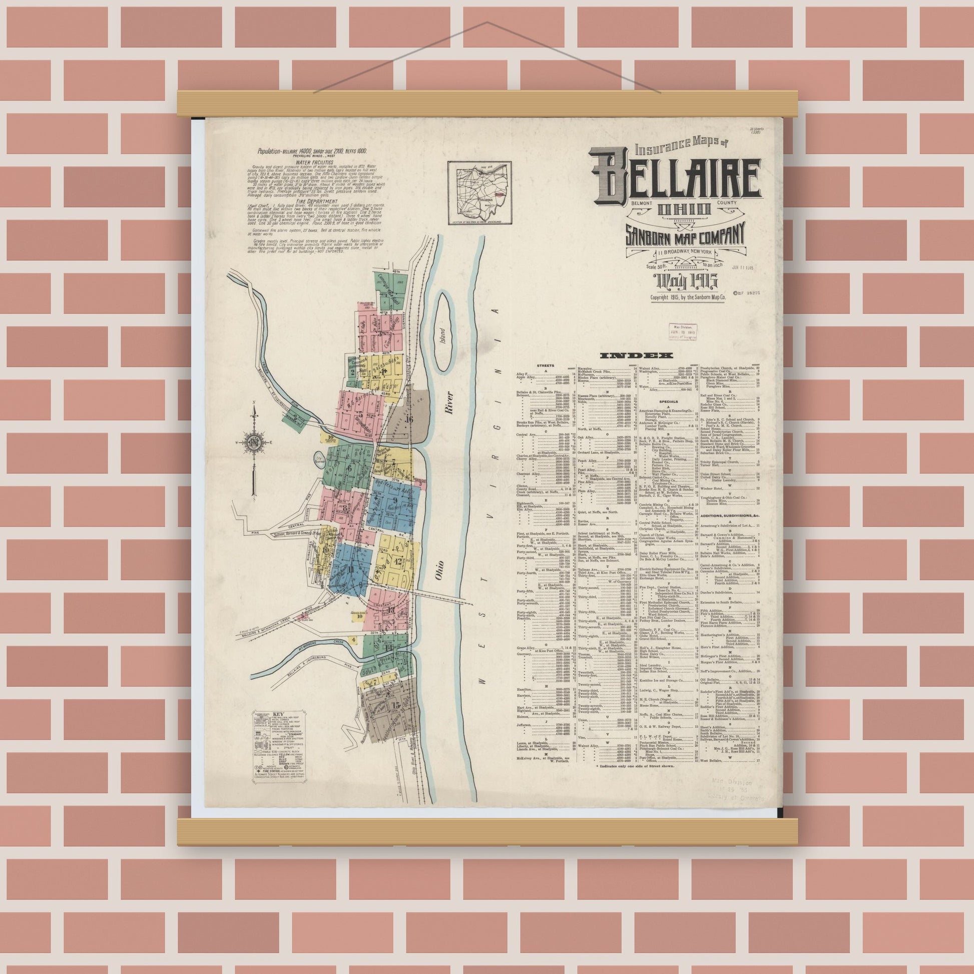 Old map wall art mockup — magnetic wood frame on brick wall — Sanborn Fire Insurance Map from Bellaire, Belmont County, Ohio (1915) - Complete Map Set