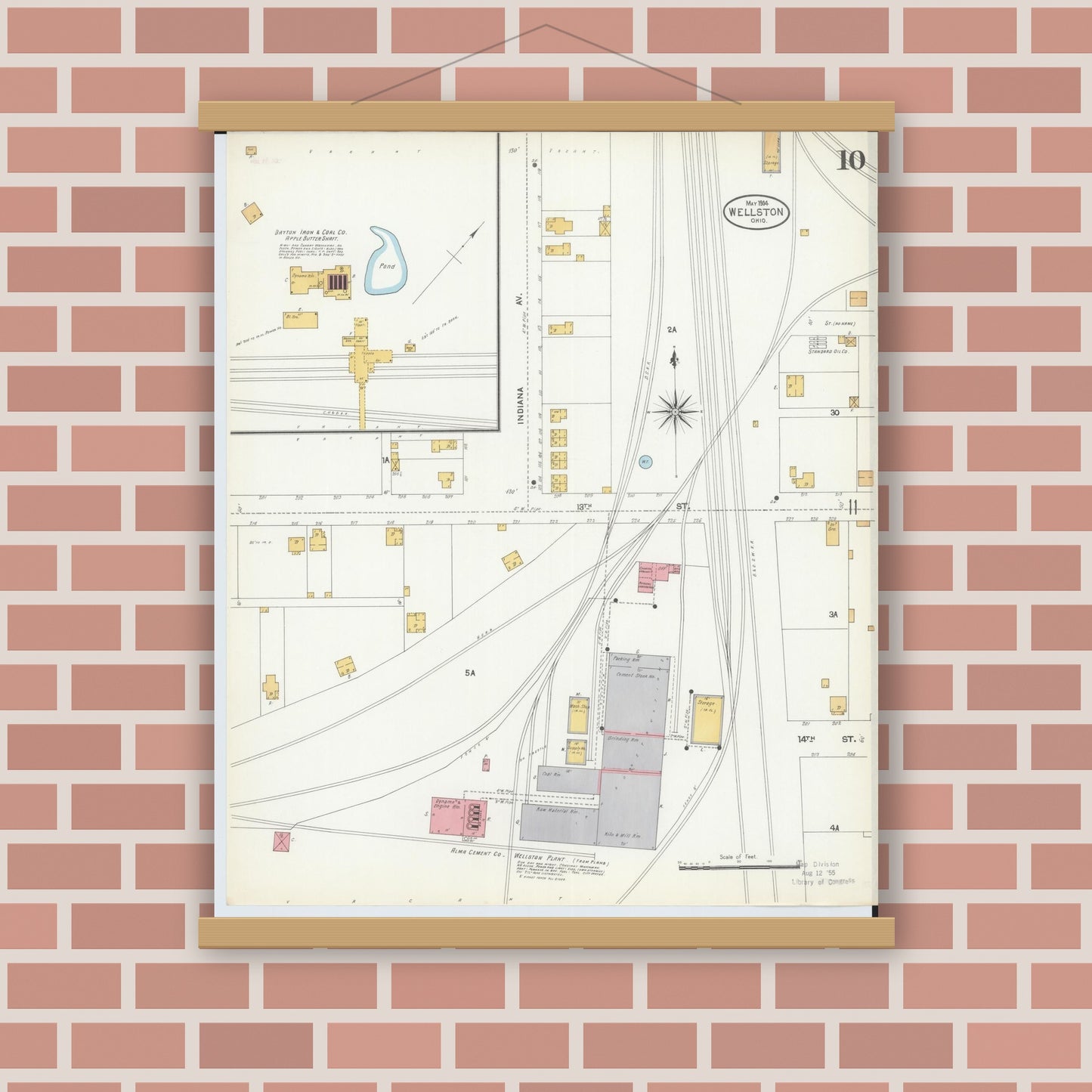Old map wall art mockup — magnetic wood frame on brick wall — Sanborn Fire Insurance Map from Wellston, Jackson County, Ohio (1904), Sheet #0010