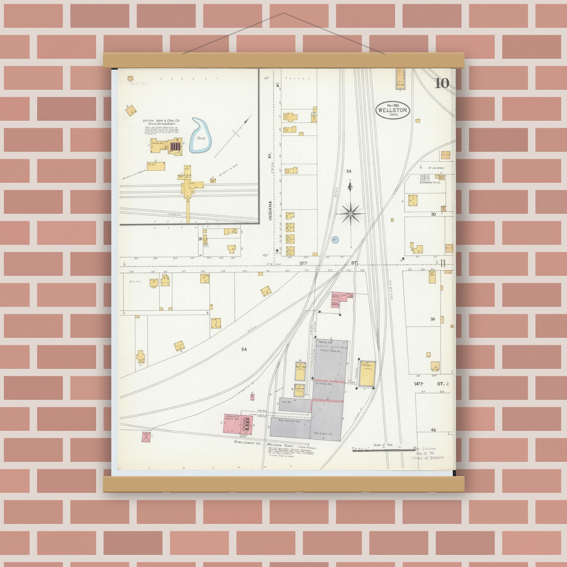 Old map wall art mockup — magnetic wood frame on brick wall — Sanborn Fire Insurance Map from Wellston, Jackson County, Ohio (1904), Sheet #0010