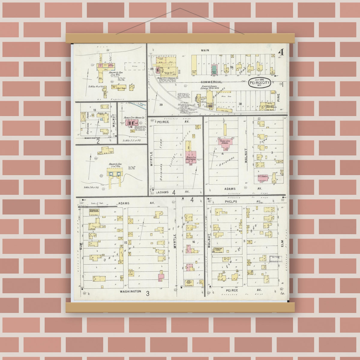 Old map wall art mockup — magnetic wood frame on brick wall — Sanborn Fire Insurance Map from Pierce City, Lawrence County, Missouri (1896), Sheet #0004