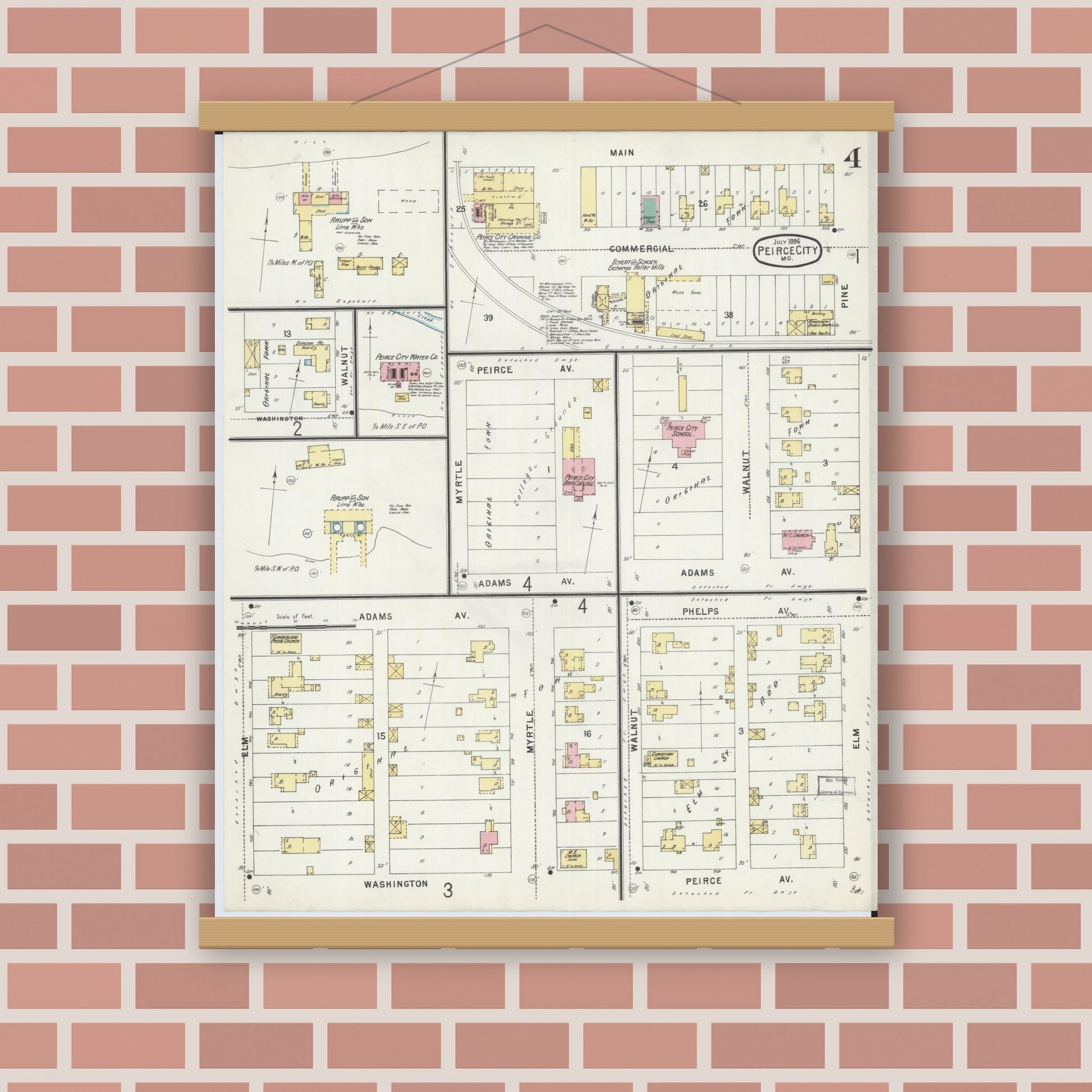 Old map wall art mockup — magnetic wood frame on brick wall — Sanborn Fire Insurance Map from Pierce City, Lawrence County, Missouri (1896), Sheet #0004