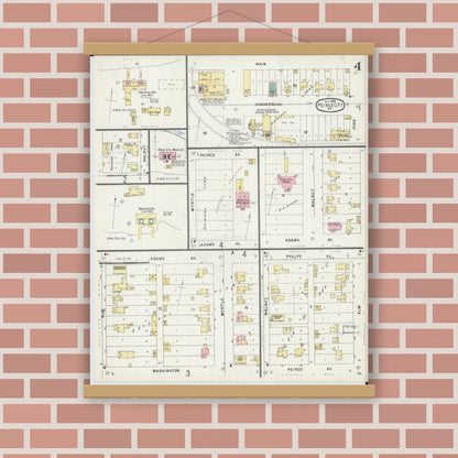 Old map wall art mockup — magnetic wood frame on brick wall — Sanborn Fire Insurance Map from Pierce City, Lawrence County, Missouri (1896), Sheet #0004