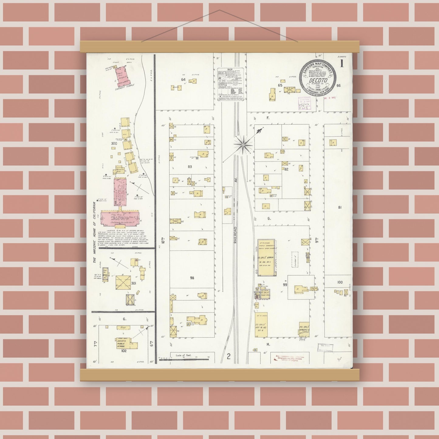 Old map wall art mockup — magnetic wood frame on brick wall — Sanborn Fire Insurance Map from Decota, Alameda County, California (1908) - Complete Map Set