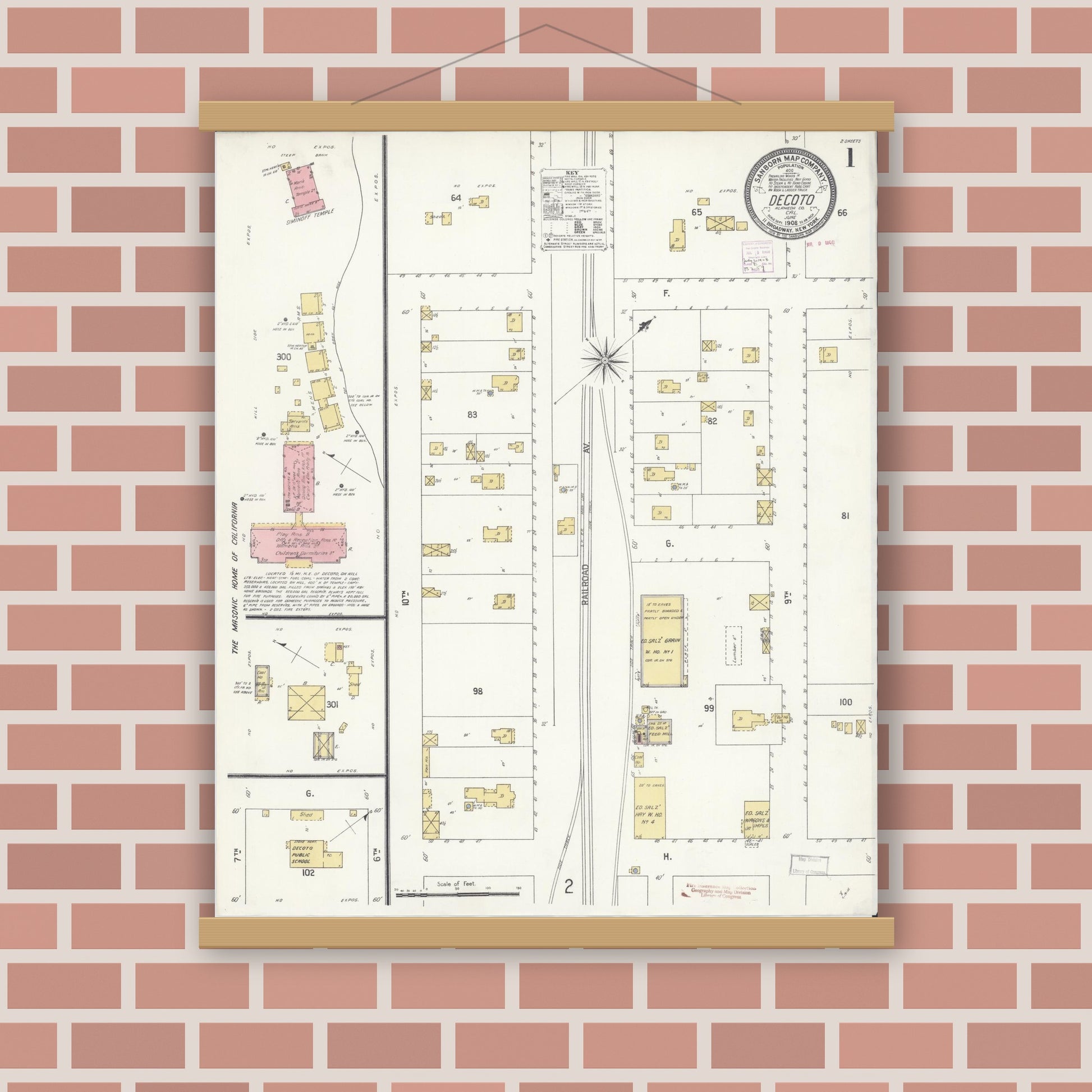 Old map wall art mockup — magnetic wood frame on brick wall — Sanborn Fire Insurance Map from Decota, Alameda County, California (1908) - Complete Map Set