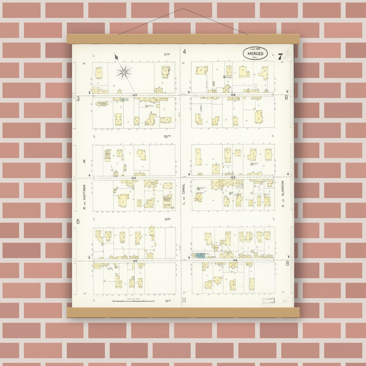 Old map wall art mockup — magnetic wood frame on brick wall — Sanborn Fire Insurance Map from Merced, Merced County, California (1898), Sheet #0007