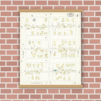 Old map wall art mockup — magnetic wood frame on brick wall — Sanborn Fire Insurance Map from Merced, Merced County, California (1898), Sheet #0007