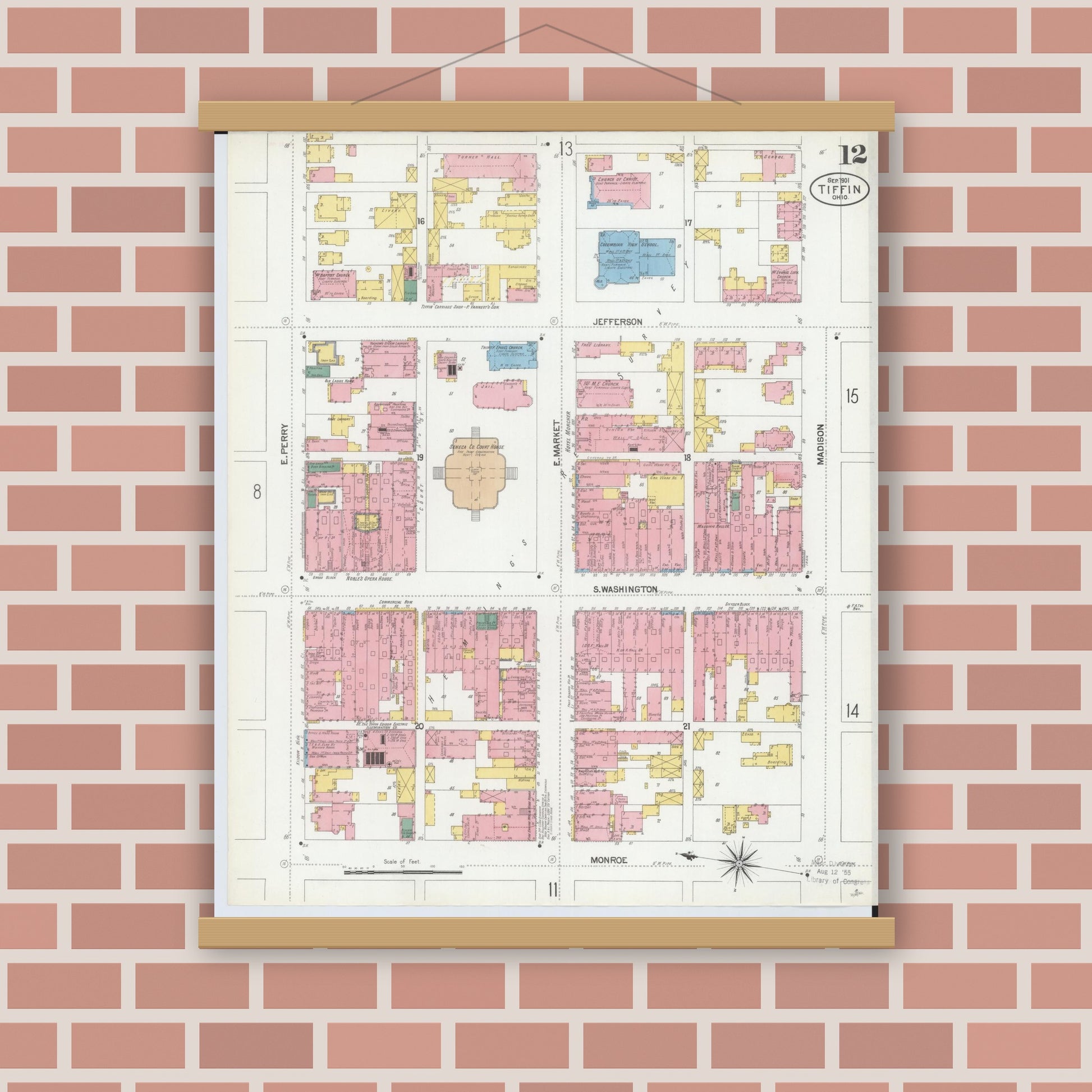 Old map wall art mockup — magnetic wood frame on brick wall — Sanborn Fire Insurance Map from Tiffin, Seneca County, Ohio (1901), Sheet #0012