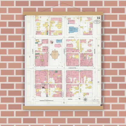 Old map wall art mockup — magnetic wood frame on brick wall — Sanborn Fire Insurance Map from Tiffin, Seneca County, Ohio (1901), Sheet #0012