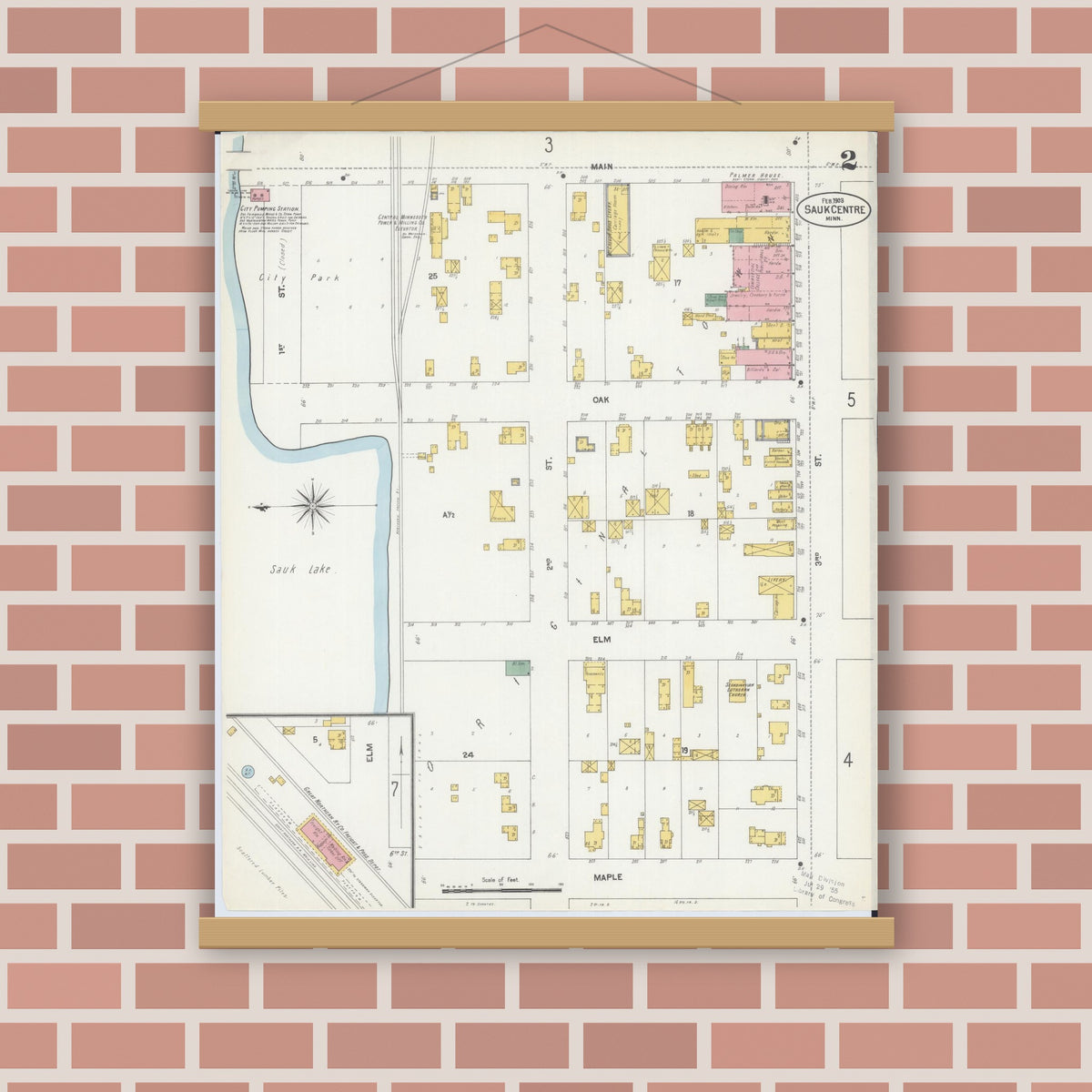 Old map wall art mockup — magnetic wood frame on brick wall — Sanborn Fire Insurance Map from Sauk Centre, Stearns County, Minnesota (1903), Sheet #0002