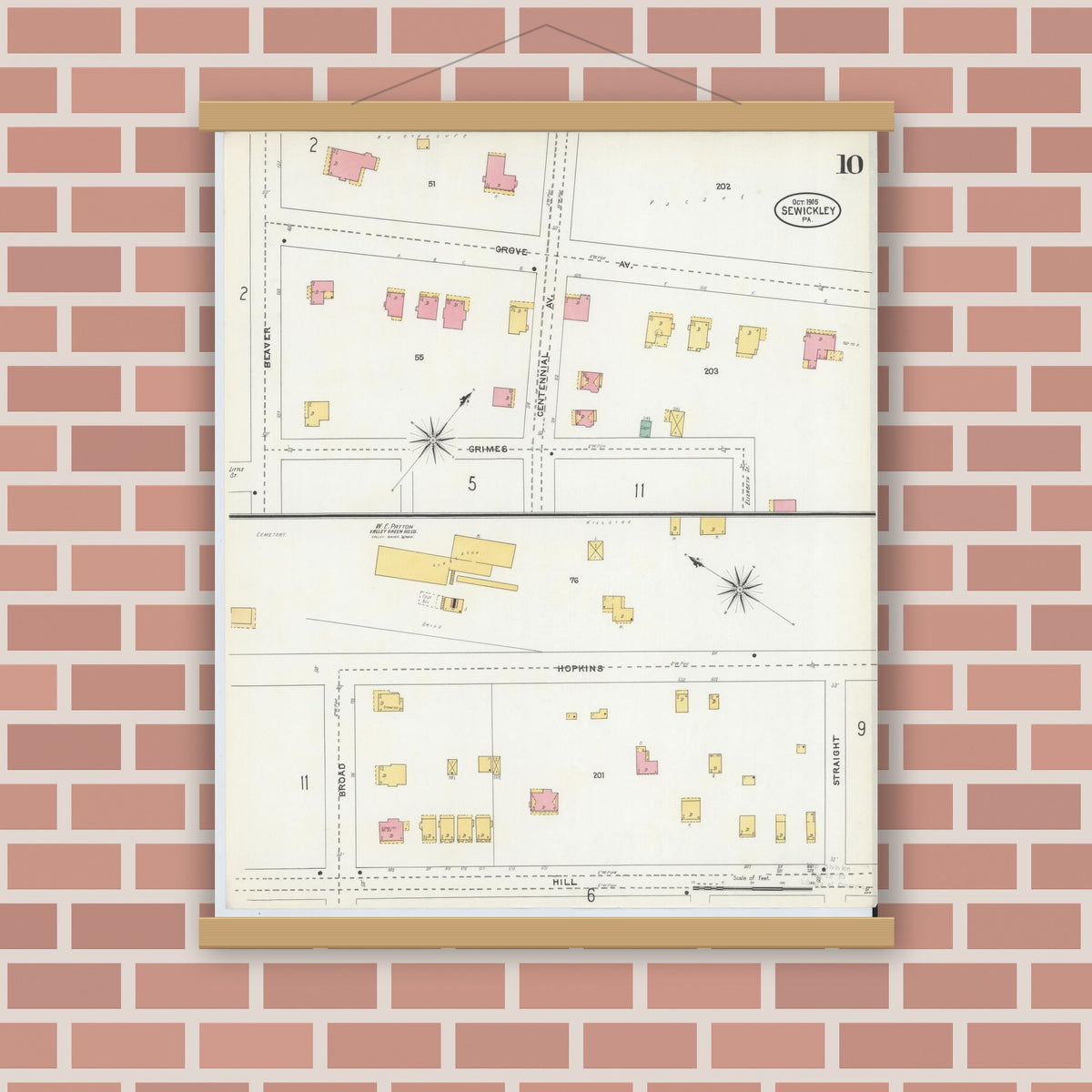 Old map wall art mockup — magnetic wood frame on brick wall — Sanborn Fire Insurance Map from Sewickley, Allegheny County, Pennsylvania (1905), Sheet #0010