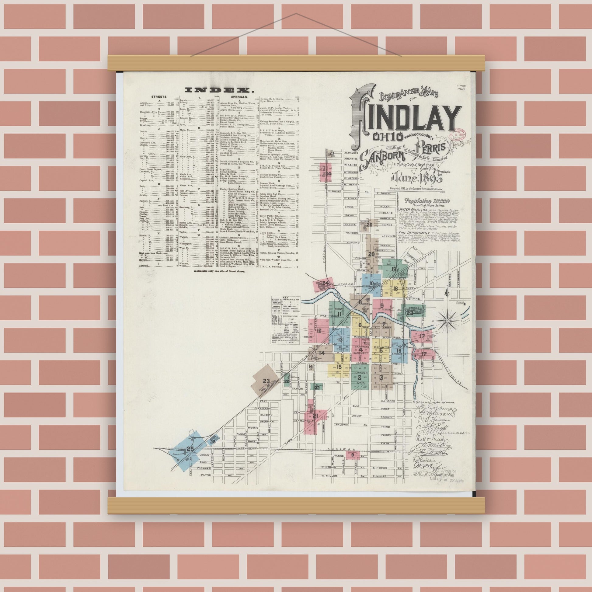 Old map wall art mockup — magnetic wood frame on brick wall — Sanborn Fire Insurance Map from Findlay, Hancock County, Ohio (1895) - Complete Map Set
