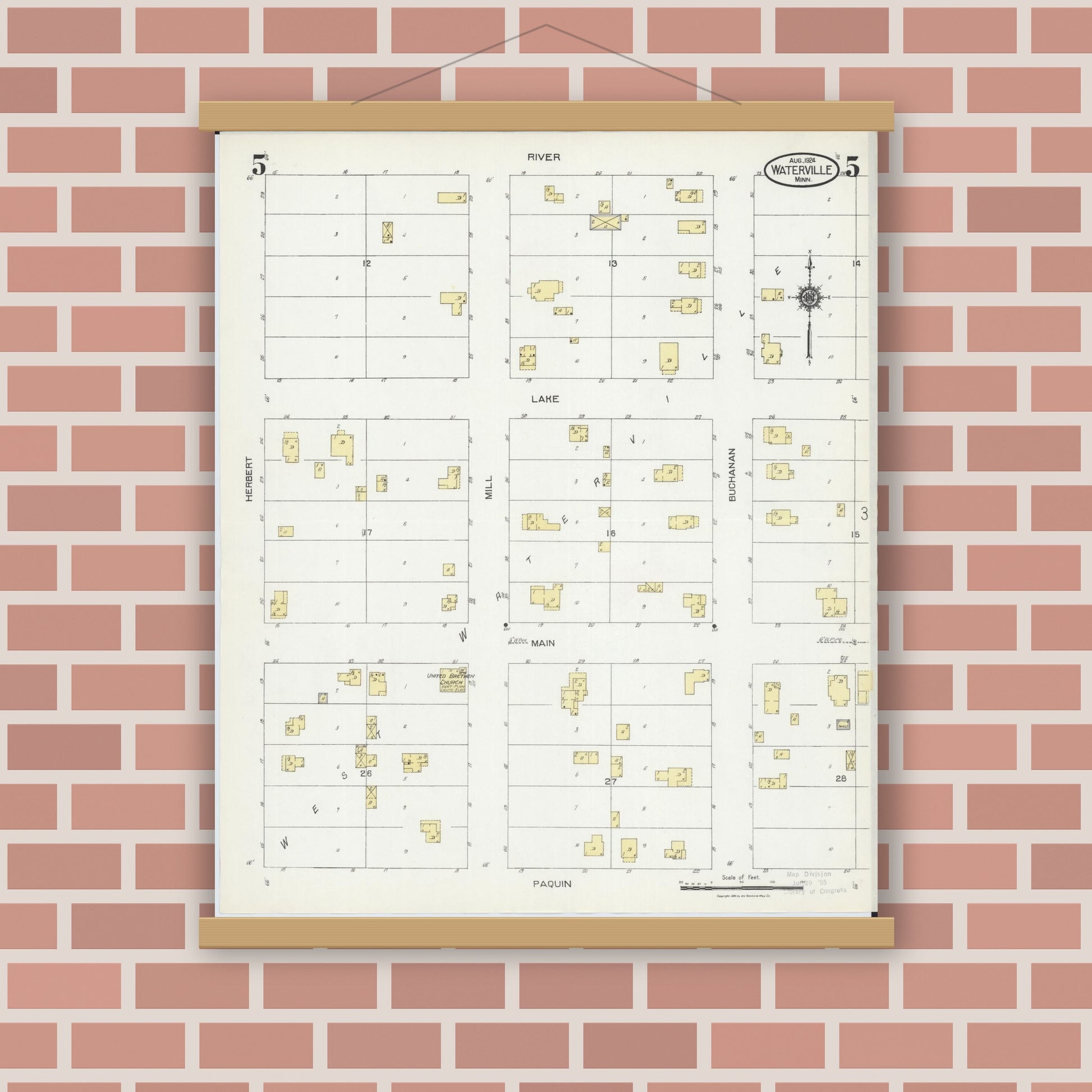 Old map wall art mockup — magnetic wood frame on brick wall — Sanborn Fire Insurance Map from Waterville, Le Sueur County, Minnesota (1924), Sheet #0005