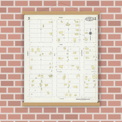 Old map wall art mockup — magnetic wood frame on brick wall — Sanborn Fire Insurance Map from Waterville, Le Sueur County, Minnesota (1924), Sheet #0005
