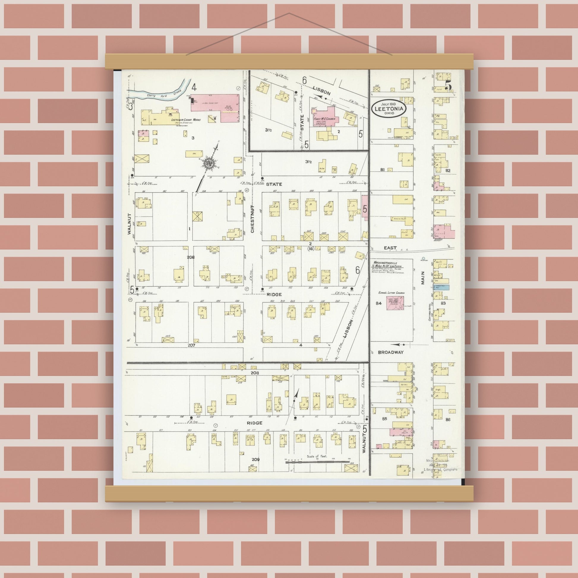 Old map wall art mockup — magnetic wood frame on brick wall — Sanborn Fire Insurance Map from Leetonia, Columbiana County, Ohio (1910), Sheet #0005