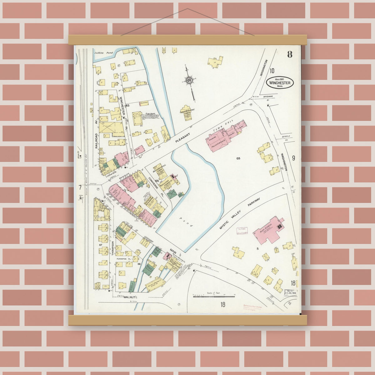 Old map wall art mockup — magnetic wood frame on brick wall — Sanborn Fire Insurance Map from Winchester, Middlesex County, Massachusetts (1910), Sheet #0008