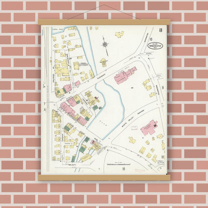 Old map wall art mockup — magnetic wood frame on brick wall — Sanborn Fire Insurance Map from Winchester, Middlesex County, Massachusetts (1910), Sheet #0008