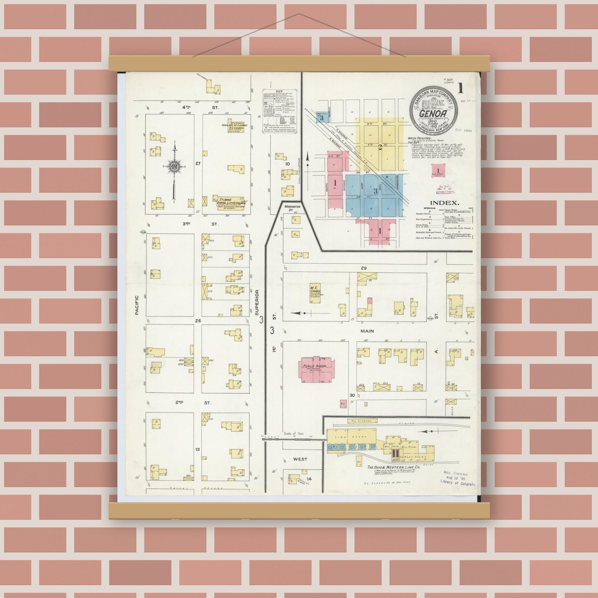 Old map wall art mockup — magnetic wood frame on brick wall — Sanborn Fire Insurance Map from Genoa, Ottawa County, Ohio (1910), Sheet #0001