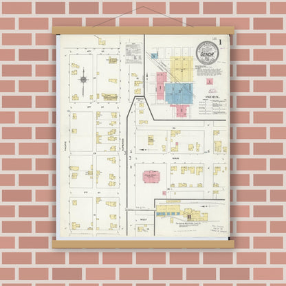 Old map wall art mockup — magnetic wood frame on brick wall — Sanborn Fire Insurance Map from Genoa, Ottawa County, Ohio (1910), Sheet #0001