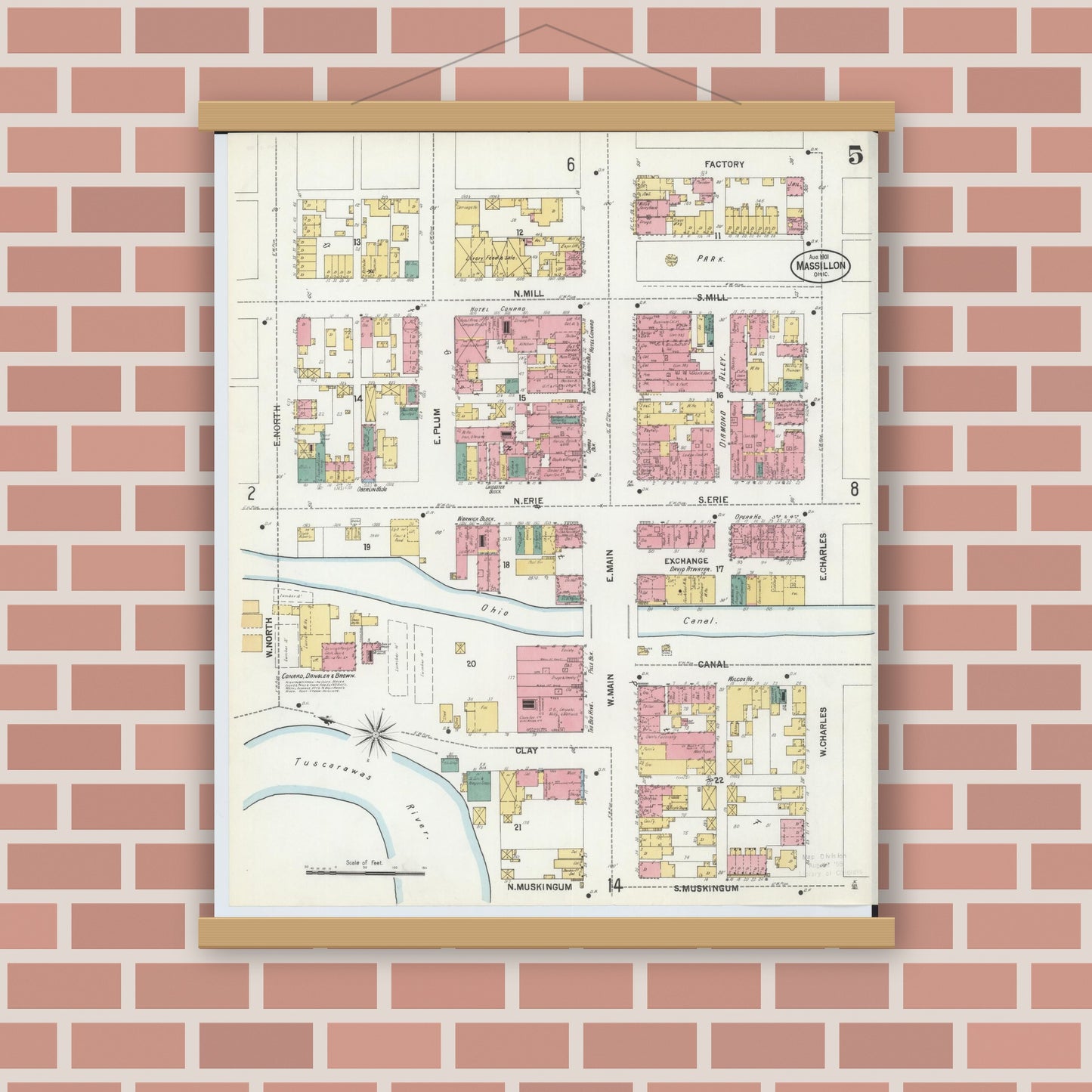 Old map wall art mockup — magnetic wood frame on brick wall — Sanborn Fire Insurance Map from Massillon, Stark County, Ohio (1901), Sheet #0005
