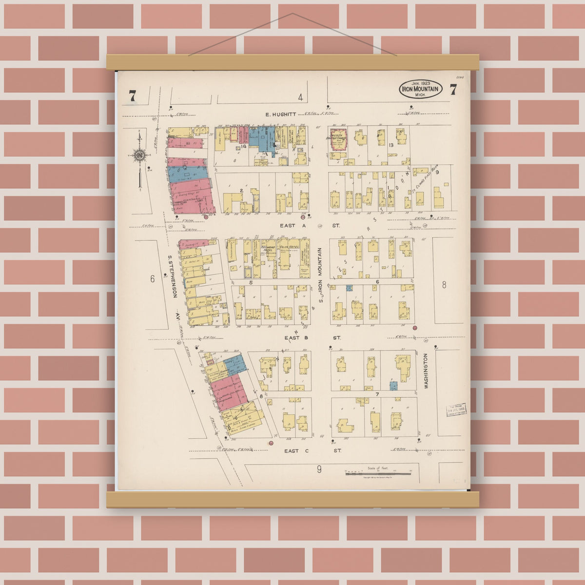 Old map wall art mockup — magnetic wood frame on brick wall — Sanborn Fire Insurance Map from Iron Mountain, Dickinson County, Michigan (1923), Sheet #0007