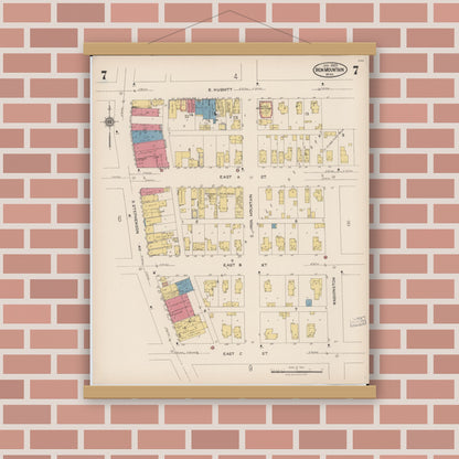 Old map wall art mockup — magnetic wood frame on brick wall — Sanborn Fire Insurance Map from Iron Mountain, Dickinson County, Michigan (1923), Sheet #0007