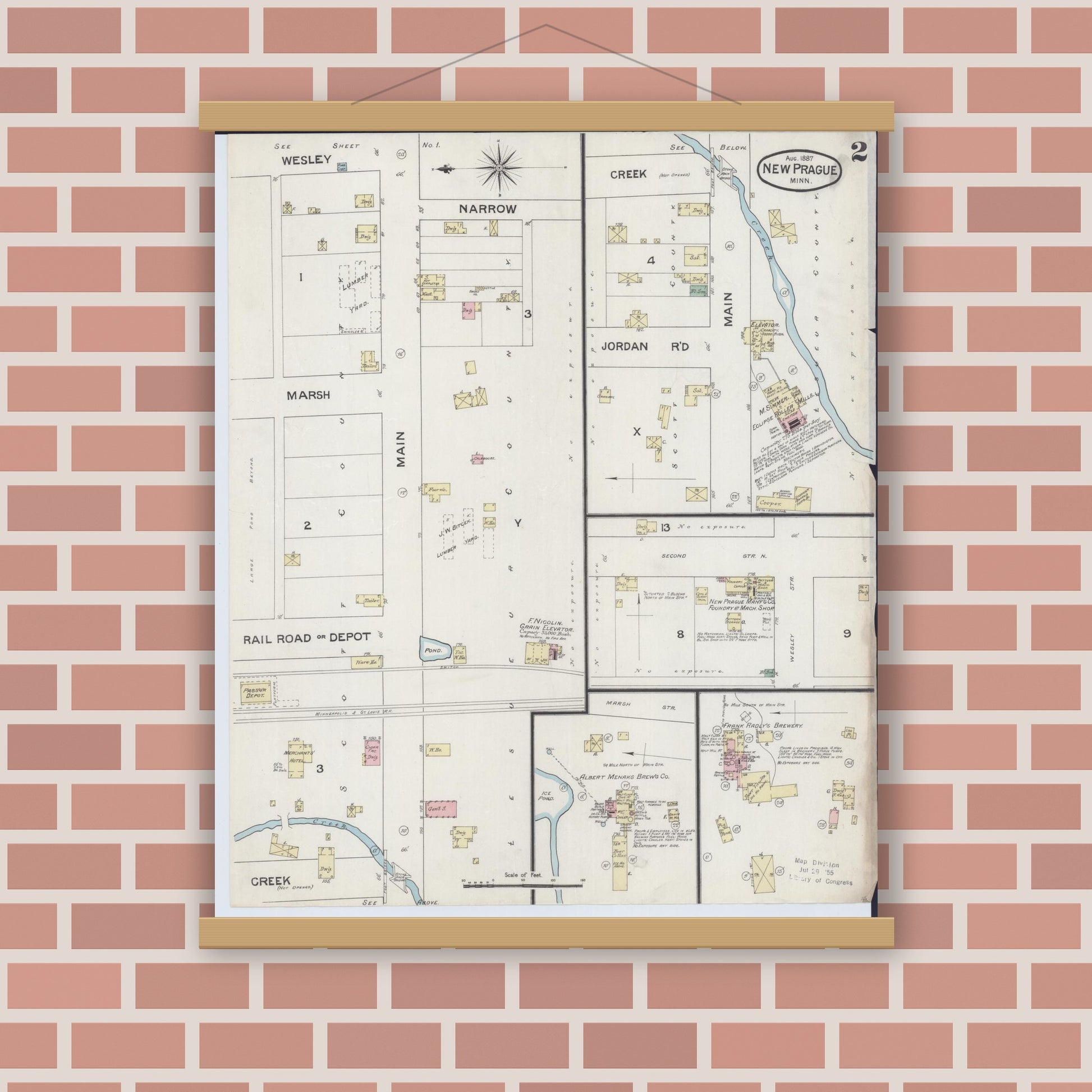 Old map wall art mockup — magnetic wood frame on brick wall — Sanborn Fire Insurance Map from New Prague, Scott And Le Sueur, Minnesota (1887), Sheet #0002