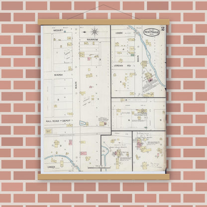 Old map wall art mockup — magnetic wood frame on brick wall — Sanborn Fire Insurance Map from New Prague, Scott And Le Sueur, Minnesota (1887), Sheet #0002
