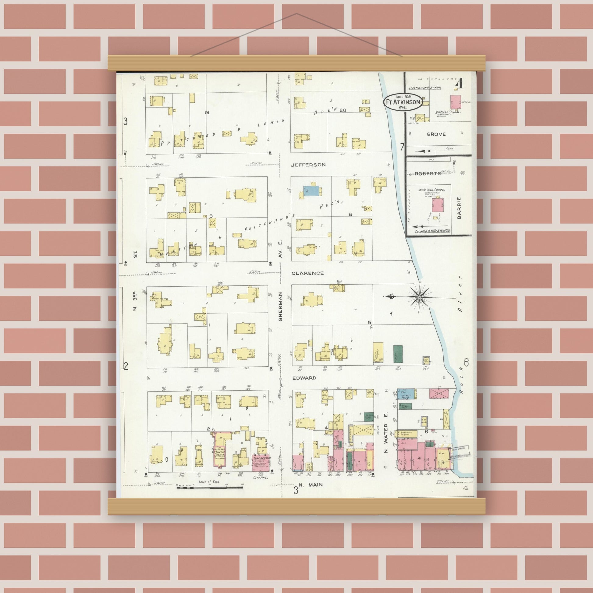 Old map wall art mockup — magnetic wood frame on brick wall — Sanborn Fire Insurance Map from Fort Atkinson, Jefferson County, Wisconsin (1909), Sheet #0004