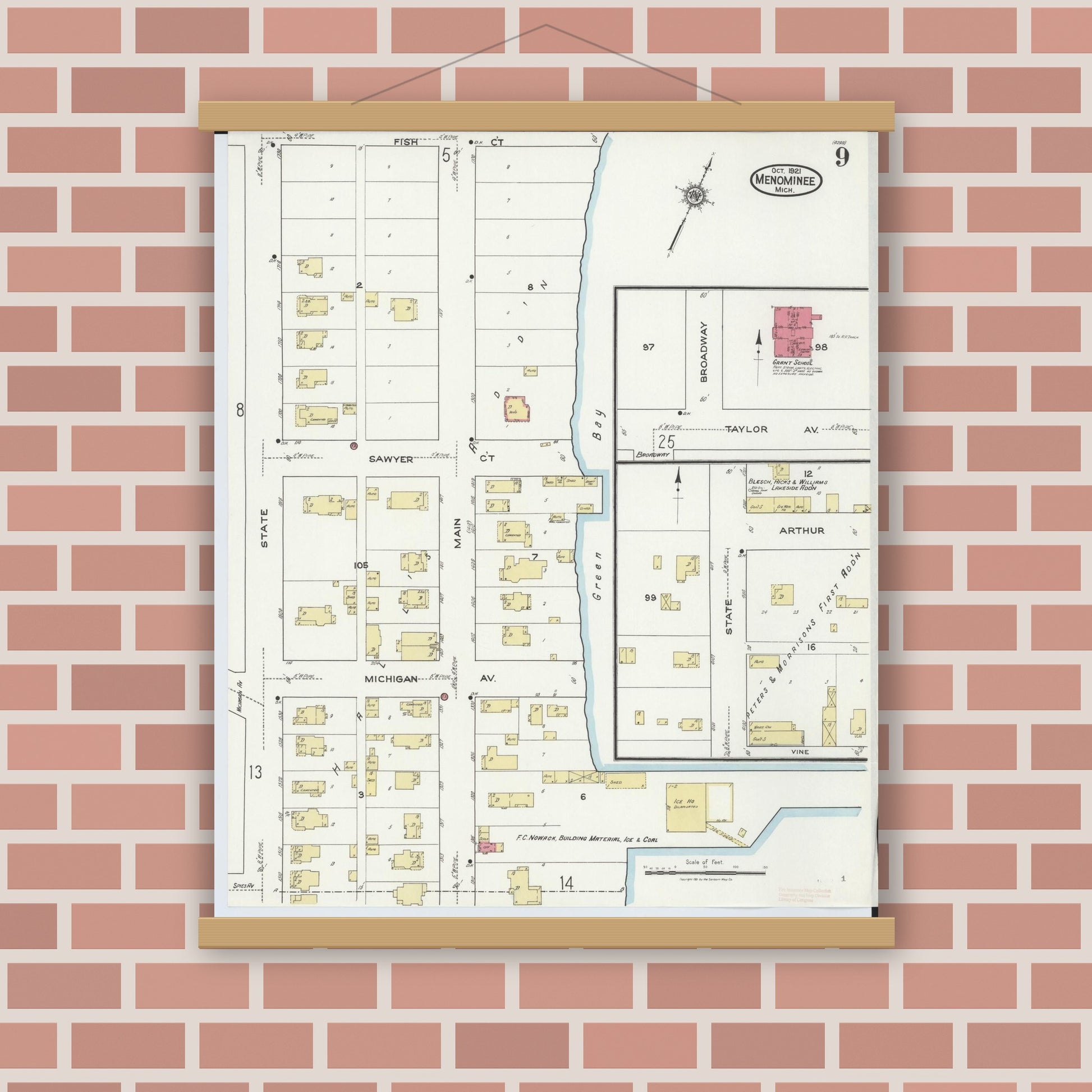 Old map wall art mockup — magnetic wood frame on brick wall — Sanborn Fire Insurance Map from Menominee, Menominee County, Michigan (1921), Sheet #0009