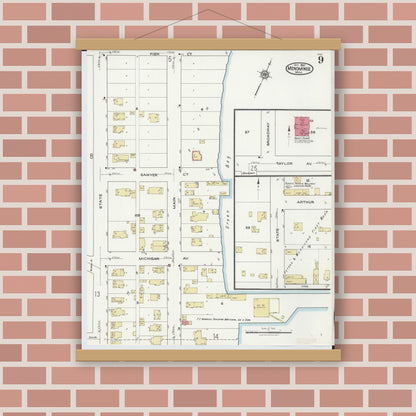 Old map wall art mockup — magnetic wood frame on brick wall — Sanborn Fire Insurance Map from Menominee, Menominee County, Michigan (1921), Sheet #0009