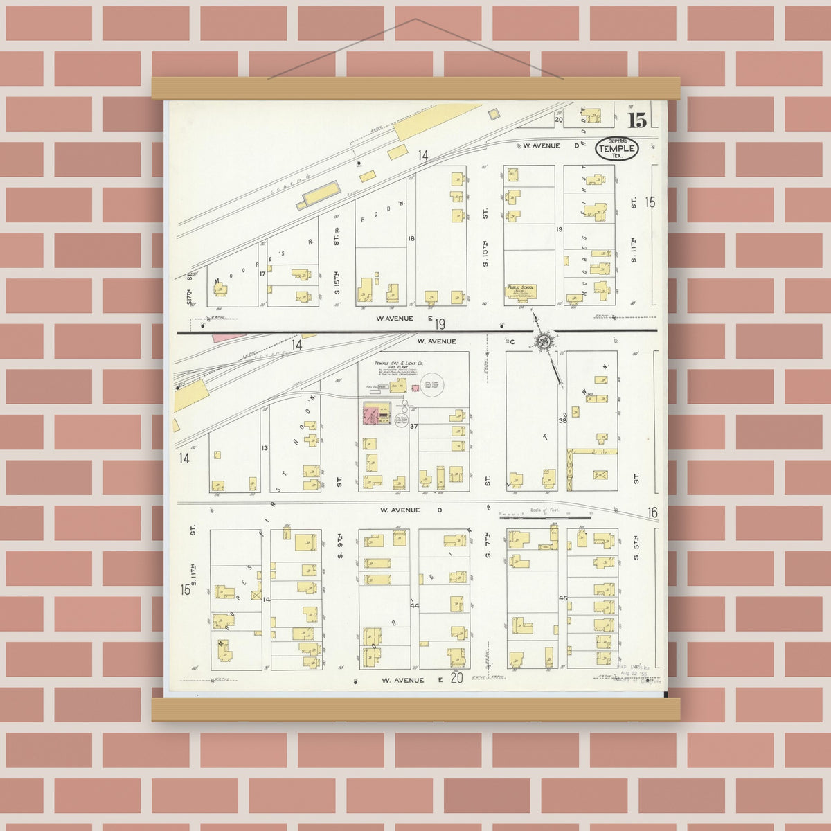 Old map wall art mockup — magnetic wood frame on brick wall — Sanborn Fire Insurance Map from Temple, Bell County, Texas (1915), Sheet #0015