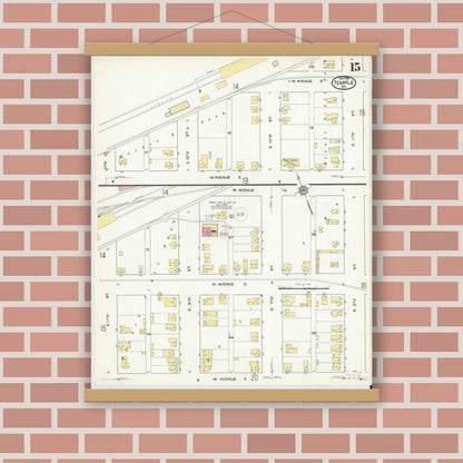 Old map wall art mockup — magnetic wood frame on brick wall — Sanborn Fire Insurance Map from Temple, Bell County, Texas (1915), Sheet #0015
