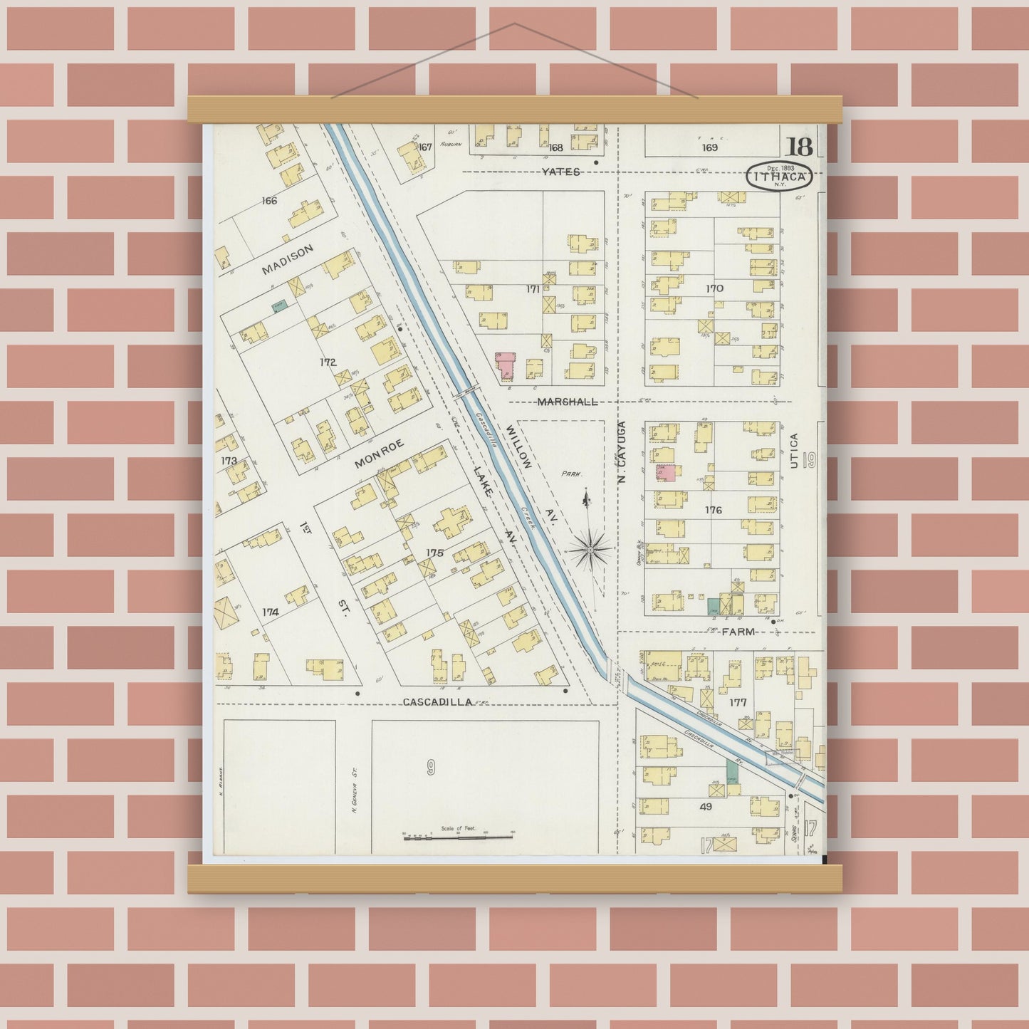 Old map wall art mockup — magnetic wood frame on brick wall — Sanborn Fire Insurance Map from Ithaca, Tompkins County, New York (1893), Sheet #0018
