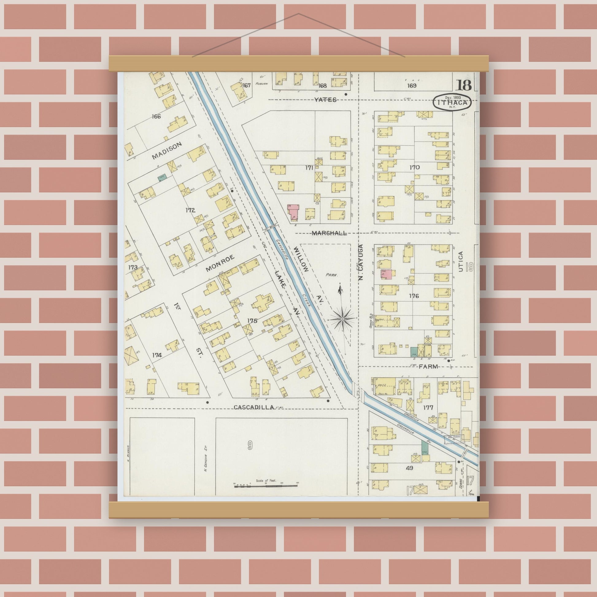 Old map wall art mockup — magnetic wood frame on brick wall — Sanborn Fire Insurance Map from Ithaca, Tompkins County, New York (1893), Sheet #0018