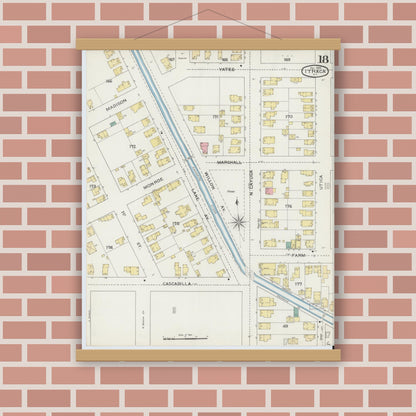 Old map wall art mockup — magnetic wood frame on brick wall — Sanborn Fire Insurance Map from Ithaca, Tompkins County, New York (1893), Sheet #0018