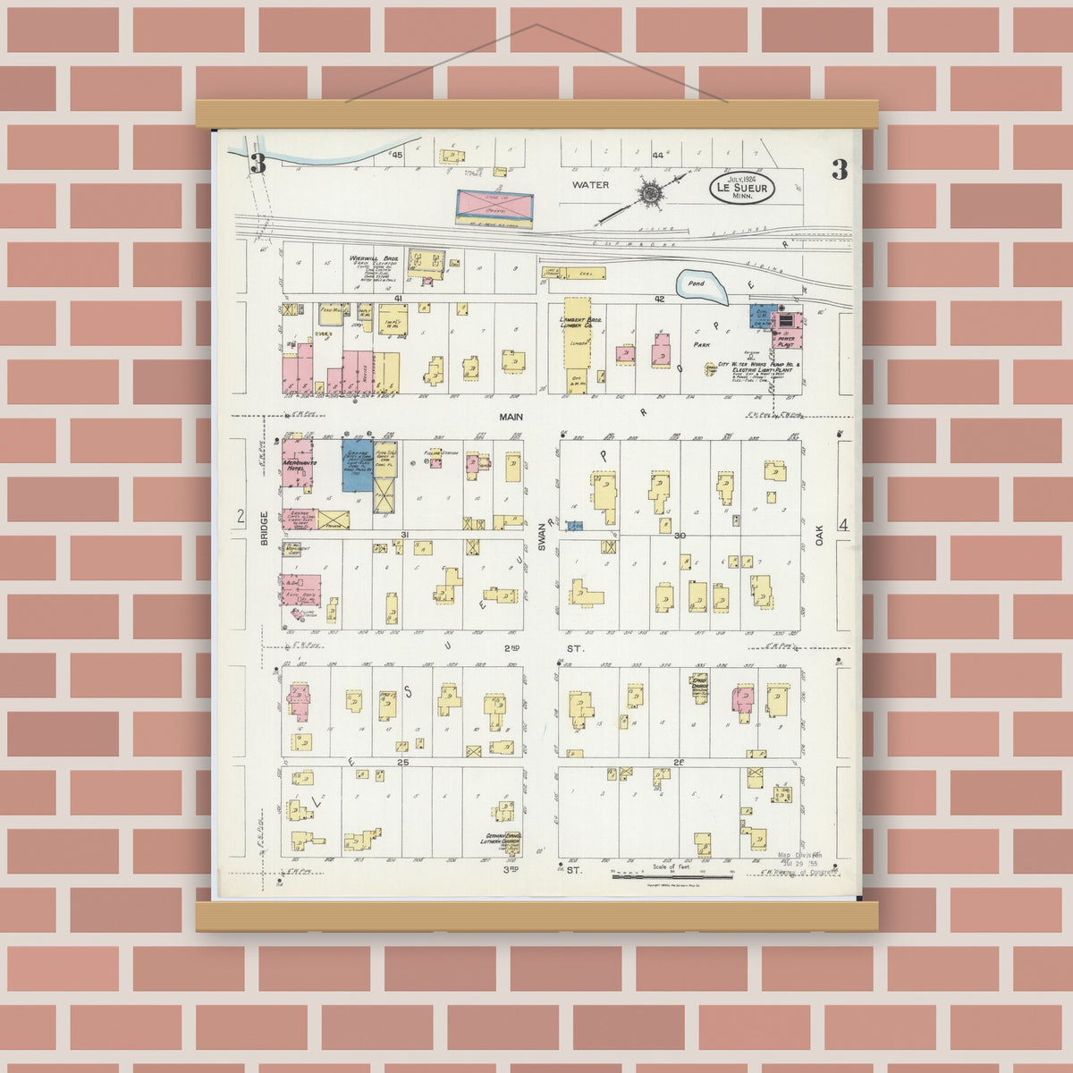 Old map wall art mockup — magnetic wood frame on brick wall — Sanborn Fire Insurance Map from Le Sueur, Le Sueur County, Minnesota (1924), Sheet #0003