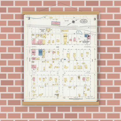 Old map wall art mockup — magnetic wood frame on brick wall — Sanborn Fire Insurance Map from Le Sueur, Le Sueur County, Minnesota (1924), Sheet #0003