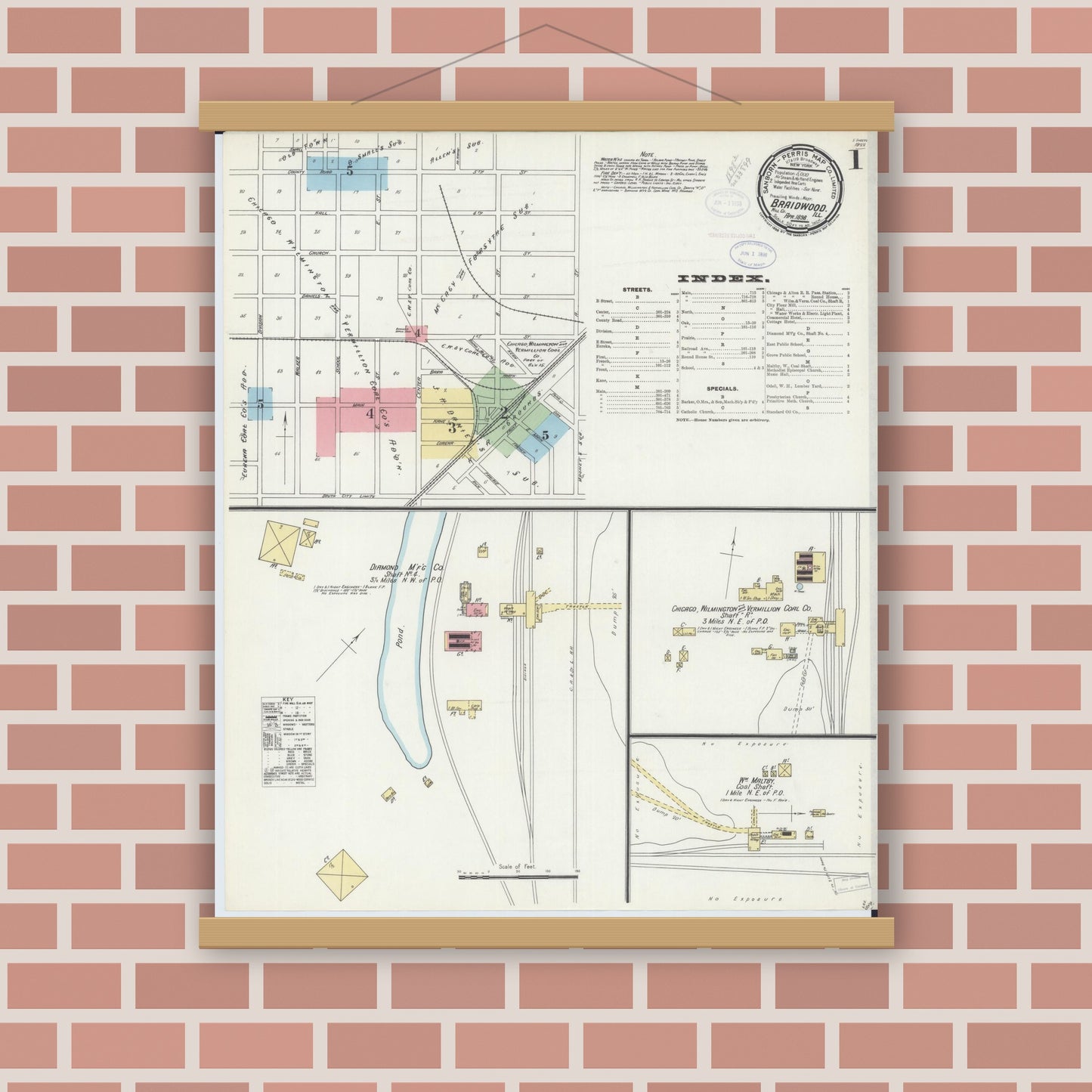 Old map wall art mockup — magnetic wood frame on brick wall — Sanborn Fire Insurance Map from Braidwood, Will County, Illinois (1898), Sheet #0001