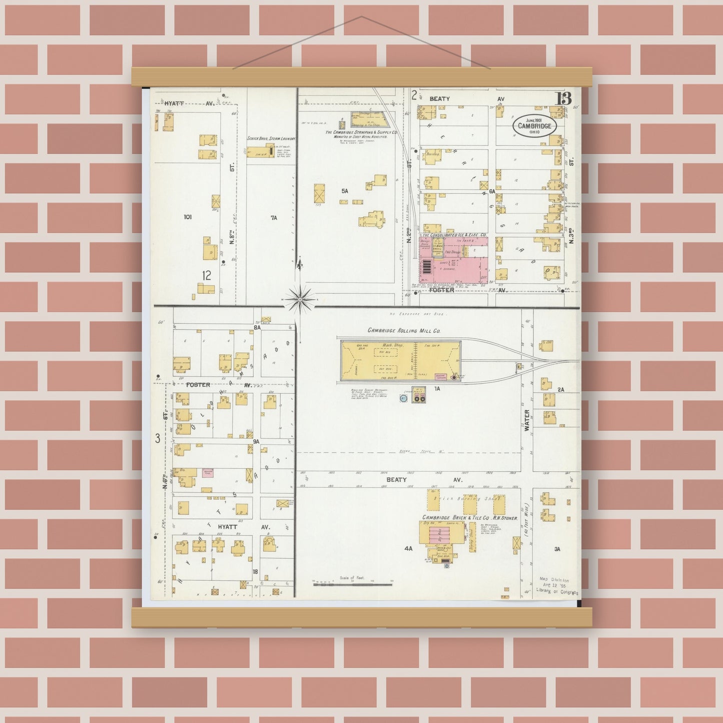 Old map wall art mockup — magnetic wood frame on brick wall — Sanborn Fire Insurance Map from Cambridge, Guernsey County, Ohio (1901), Sheet #0013