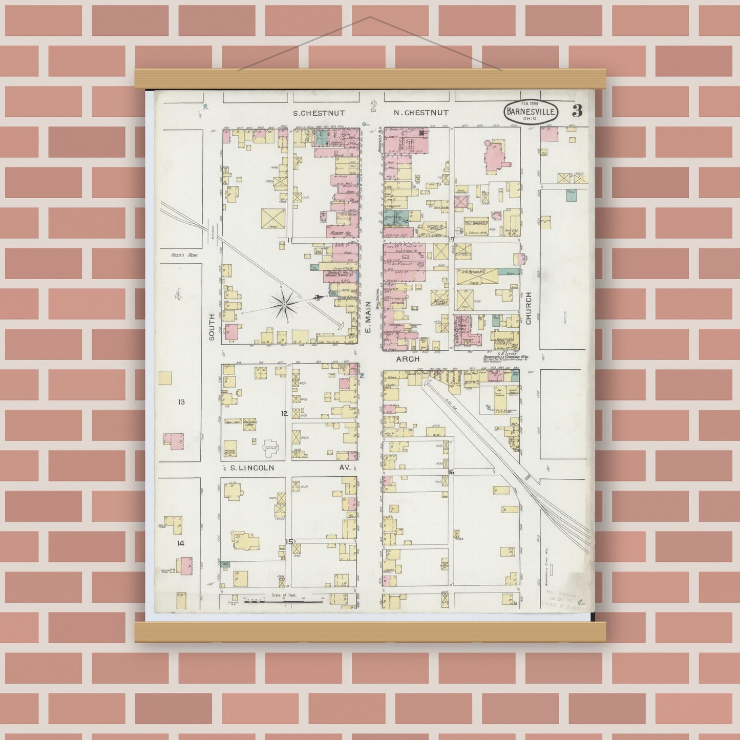 Old map wall art mockup — magnetic wood frame on brick wall — Sanborn Fire Insurance Map from Barnesville, Belmont County, Ohio (1893), Sheet #0003